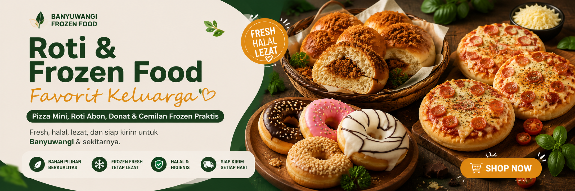 Banner roti dan frozen food Banyuwangi berisi pizza mini, roti abon, donat dan cemilan frozen