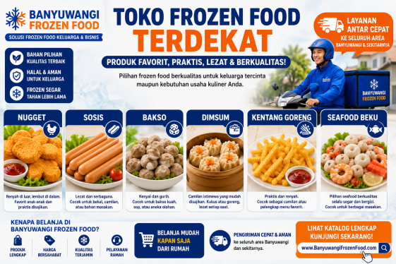 Banyuwangi Frozen Food menyediakan berbagai produk frozen food favorit pelanggan mulai dari nugget, sosis, bakso, dimsum, kentang goreng, hingga seafood beku berkualitas. Cocok untuk kebutuhan rumah tangga maupun usaha kuliner dengan harga terjangkau dan layanan yang mudah.