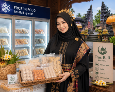 Muslimah syari bernuansa Bali sedang memilih frozen food halal berkualitas di toko frozen food terdekat Banyuwangi Frozen Food
