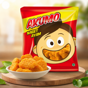Nugget Akumo ayam crispy siap saji disajikan di meja makan keluarga bernuansa islami bersama keluarga bahagia