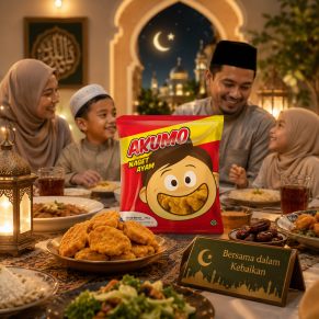 Nugget Akumo frozen food premium dengan sajian nugget renyah di meja makan keluarga muslim